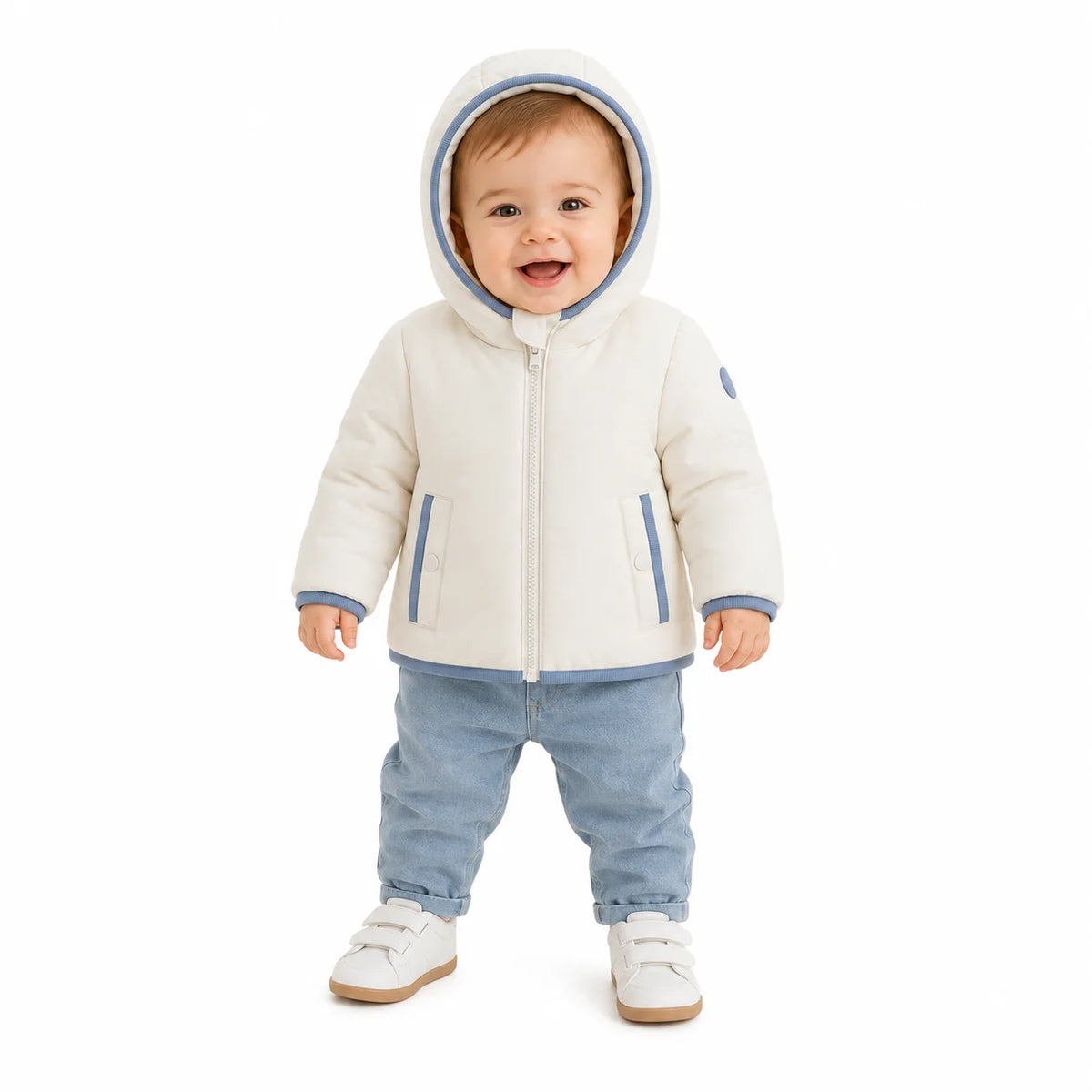An infant styled in the Pramie blue binding jacket during an outdoor outing.