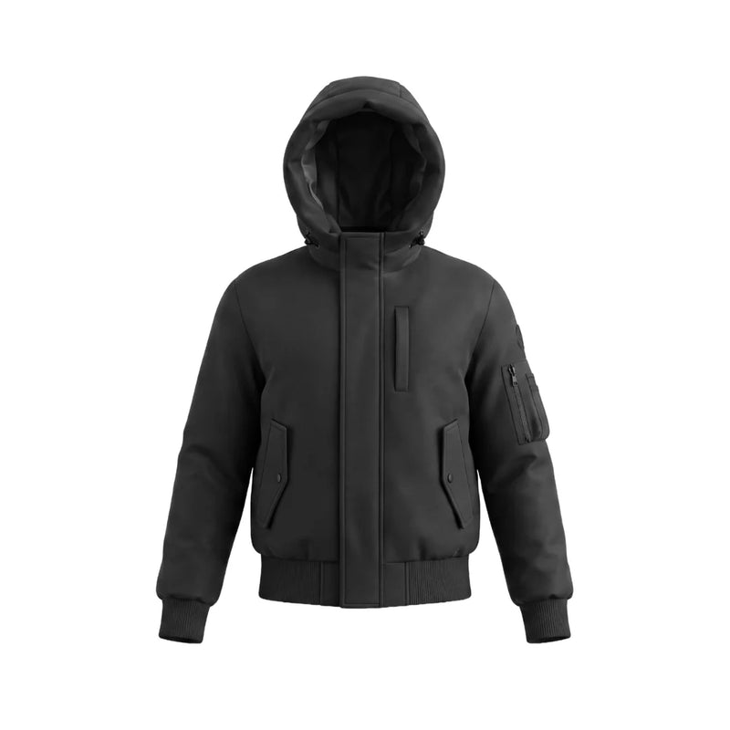 A front view of the Pramie black matte jacket for boys.