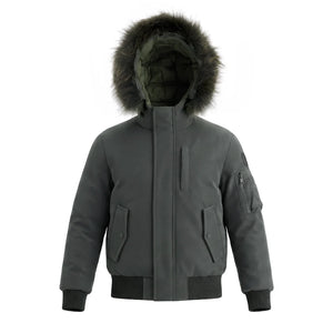A front view of the Pramie green matte jacket for boys.