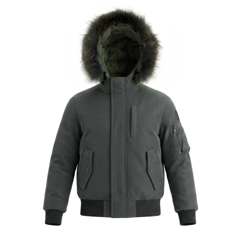 A front view of the Pramie green matte jacket for boys.