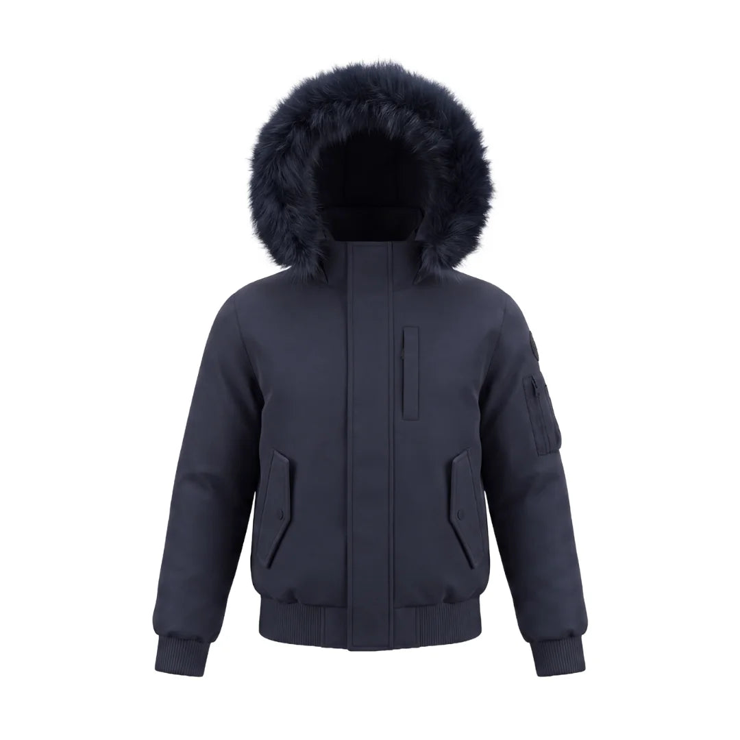 A front view of the Pramie navy matte jacket for boys.