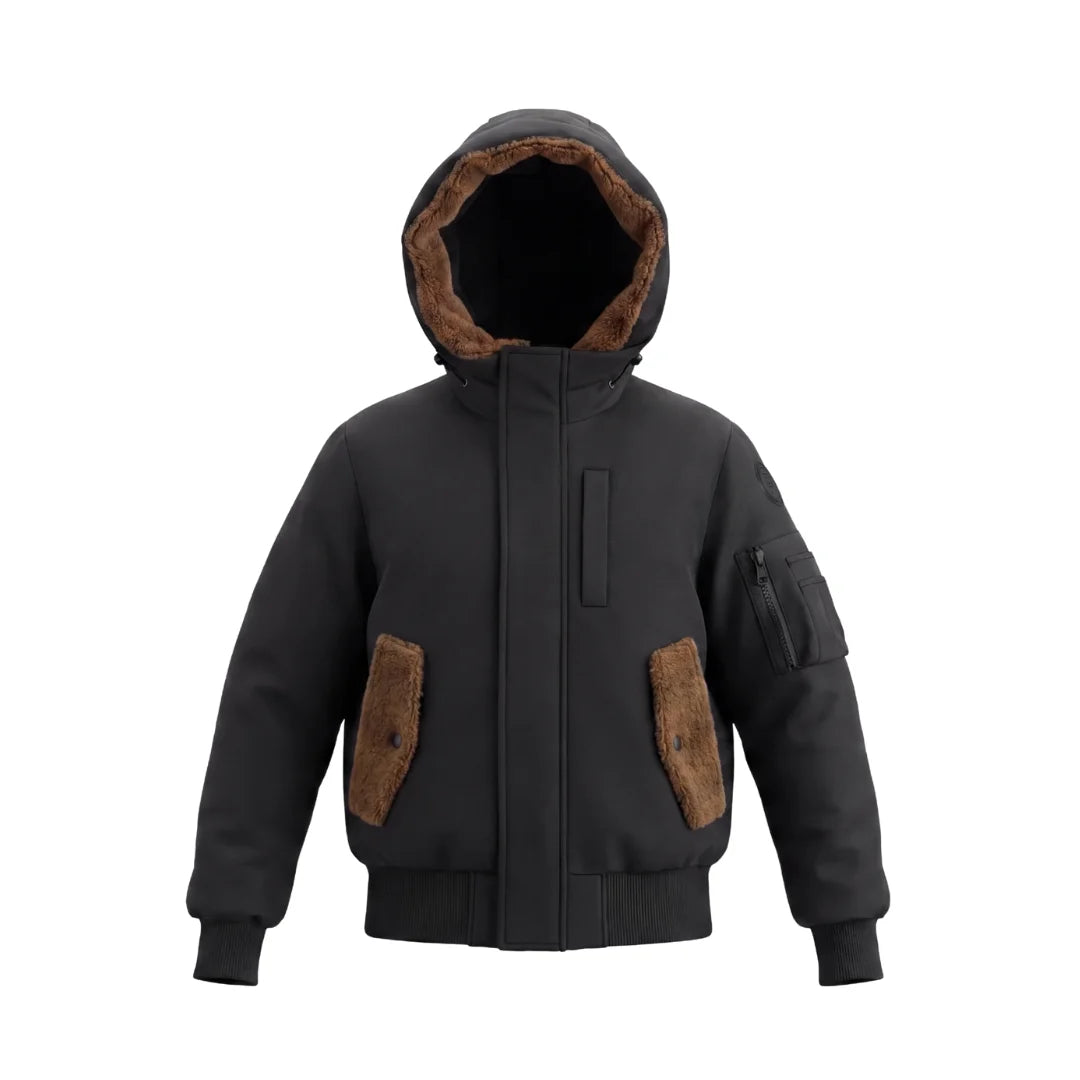 A front view of the Pramie black poodle matte jacket for boys.