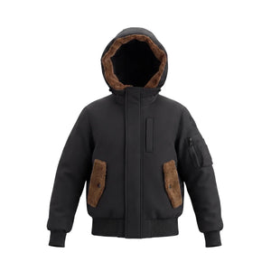 A front view of the Pramie black poodle matte jacket for boys.