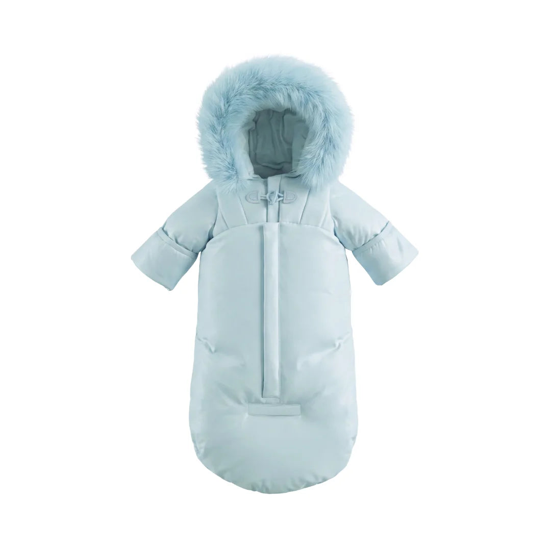 A front view of the Pramie blue snow suit for boys.