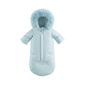 A front view of the Pramie blue snow suit for boys.