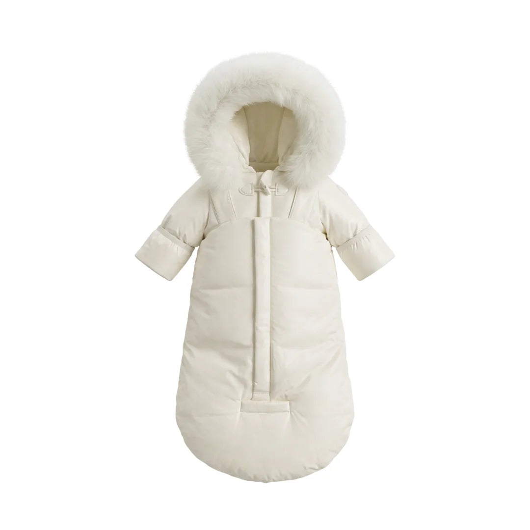 A front view of the Pramie ivory snow suit for boys.