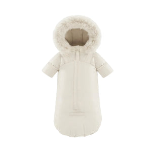A front view of the Pramie light beige snow suit for boys.