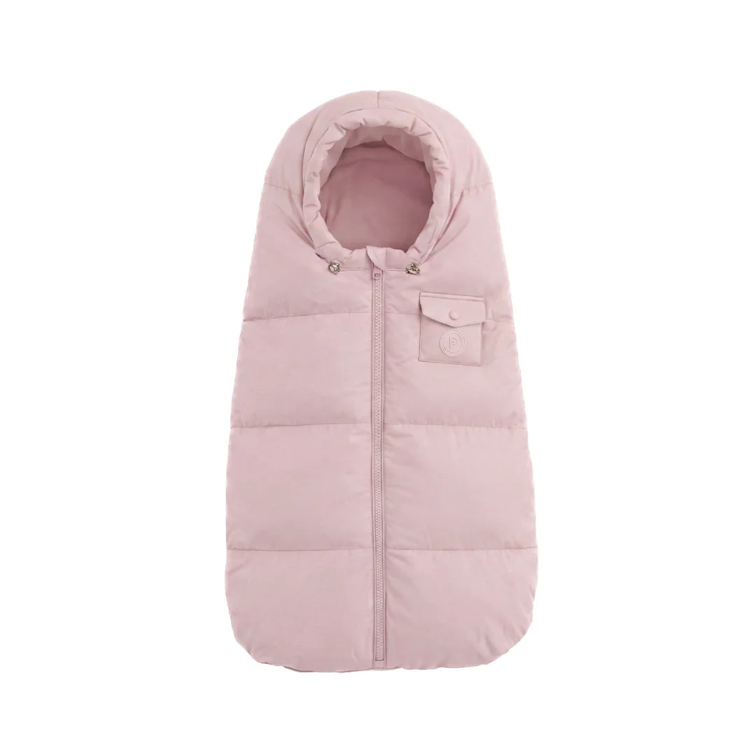 A front view of the Pramie mauve stroller carriage sack.