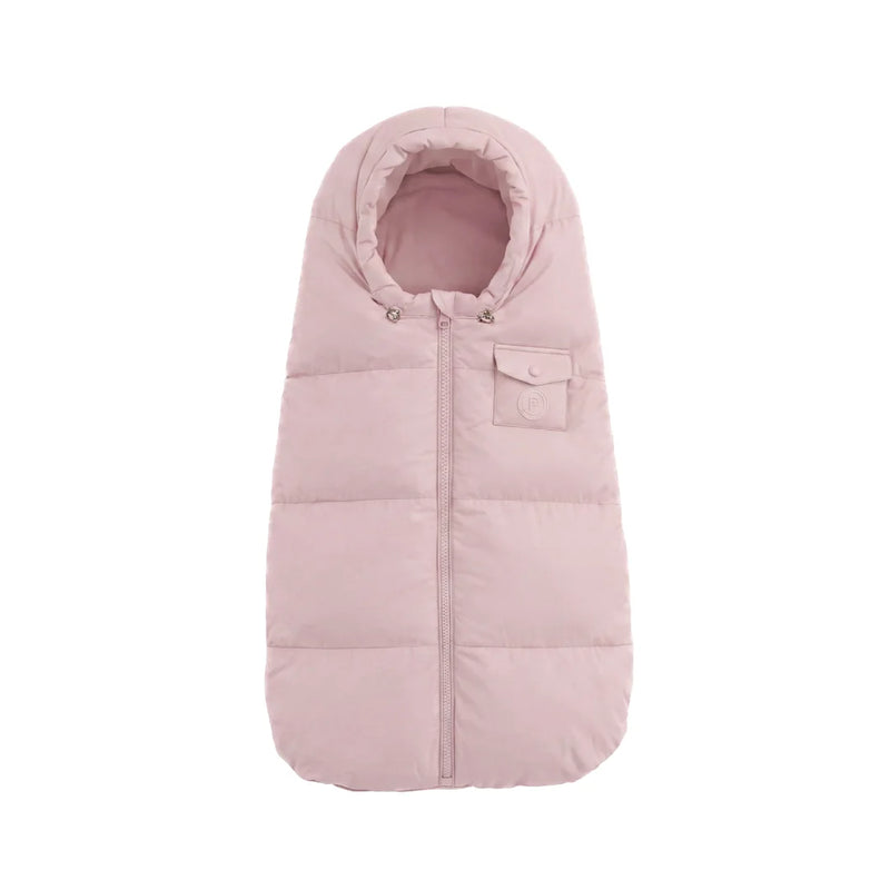 A front view of the Pramie mauve stroller carriage sack.