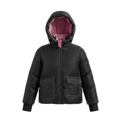 A front view of the Pramie black and red contrast jacket for children.