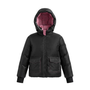 A front view of the Pramie black and red contrast jacket for children.