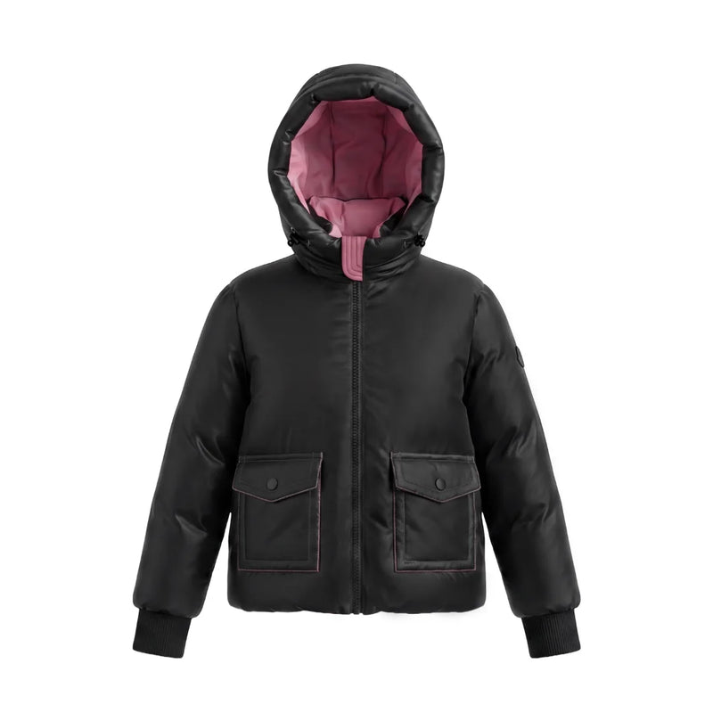 A front view of the Pramie black and red contrast jacket for children.