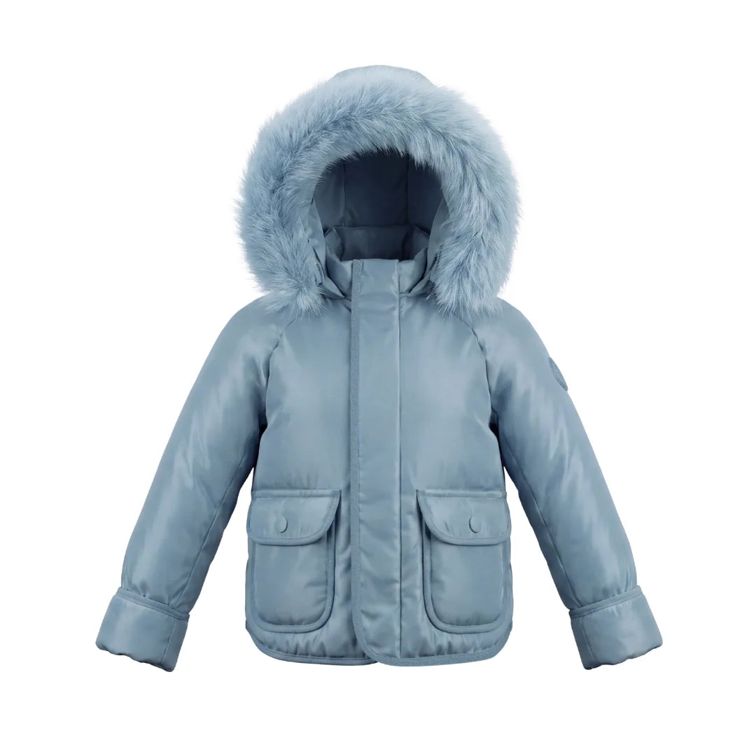 A front view of the Pramie blue corduroy jacket for little boys.