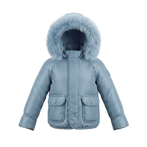 A front view of the Pramie blue corduroy jacket for little boys.