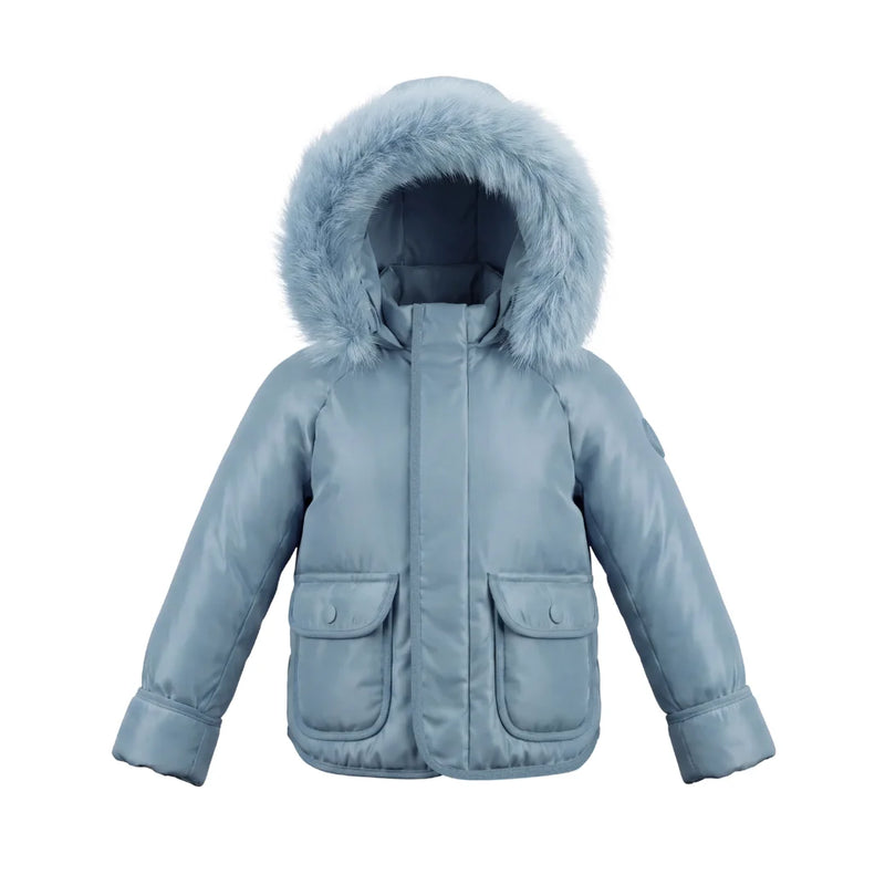 A front view of the Pramie blue corduroy jacket for little boys.