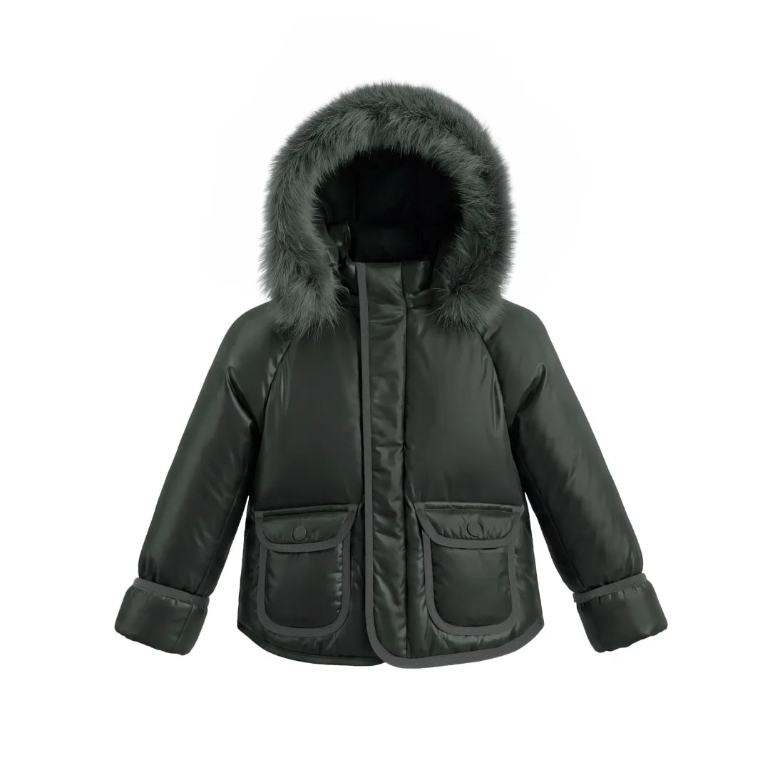 A front view of the Pramie green corduroy jacket for little boys.