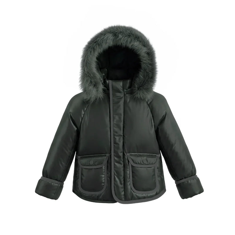 A front view of the Pramie green corduroy jacket for little boys.