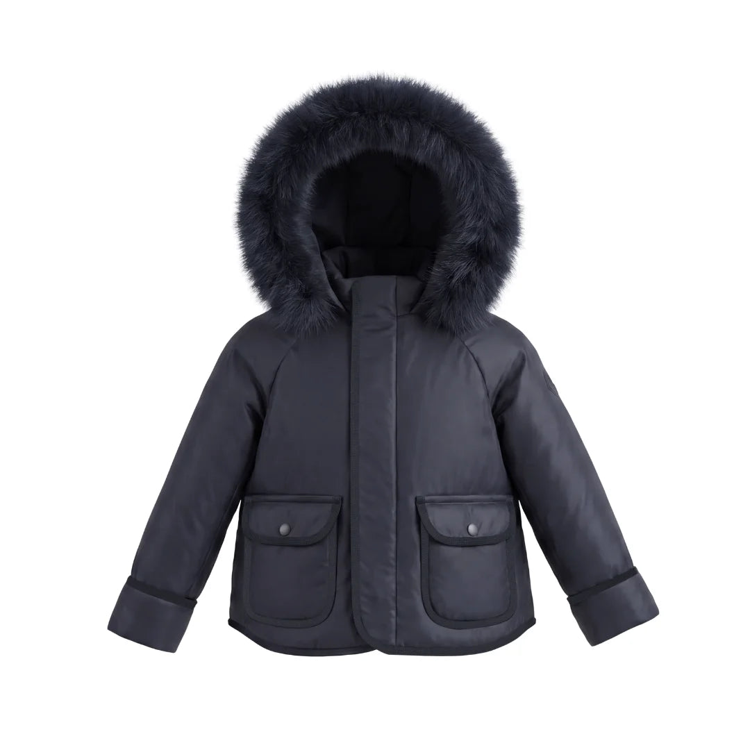 A front view of the Pramie navy corduroy jacket for little boys.