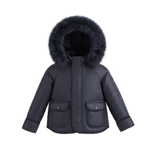 A front view of the Pramie navy corduroy jacket for little boys.