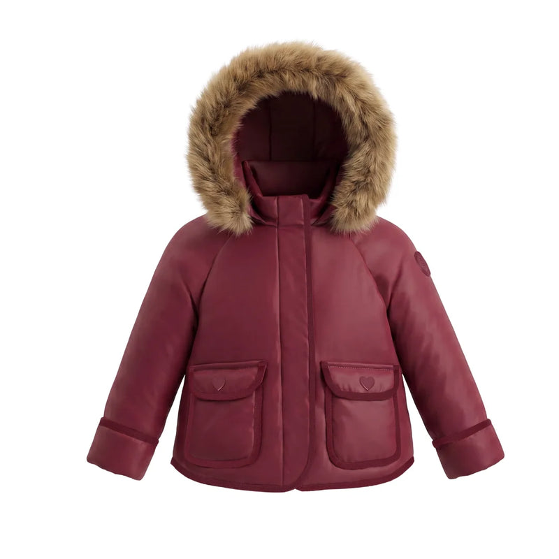 A front view of the Pramie red corduroy jacket for little girls.