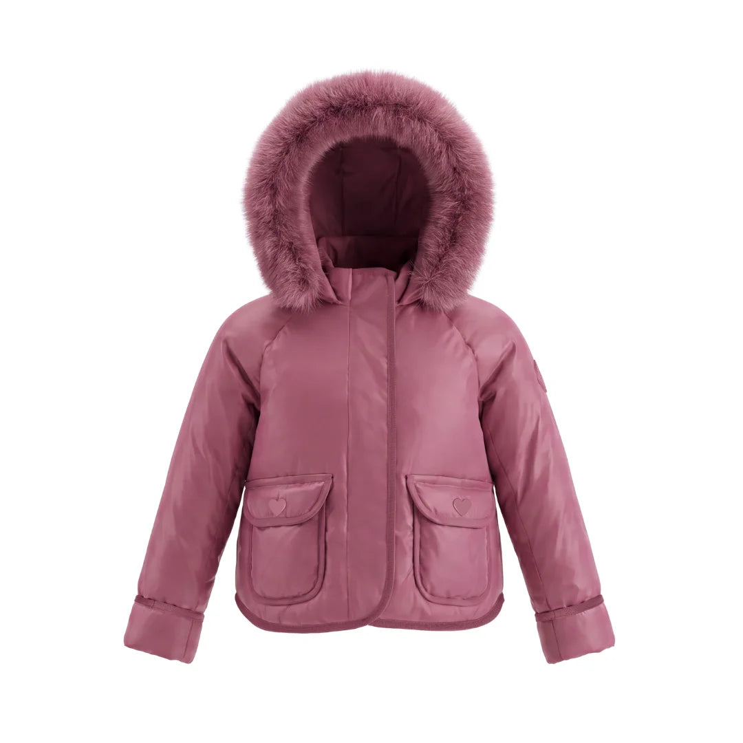 A front view of the Pramie rose corduroy jacket for little girls.