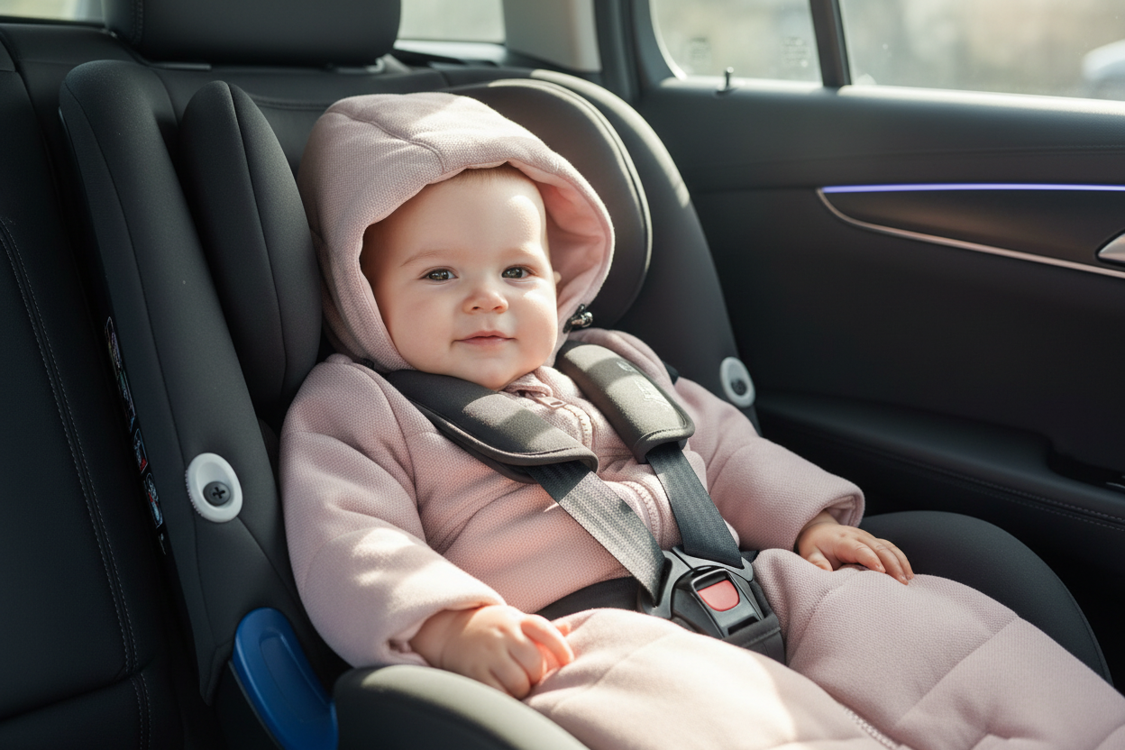 Baby in a pink coat sitting in a car seat inside a vehicle.