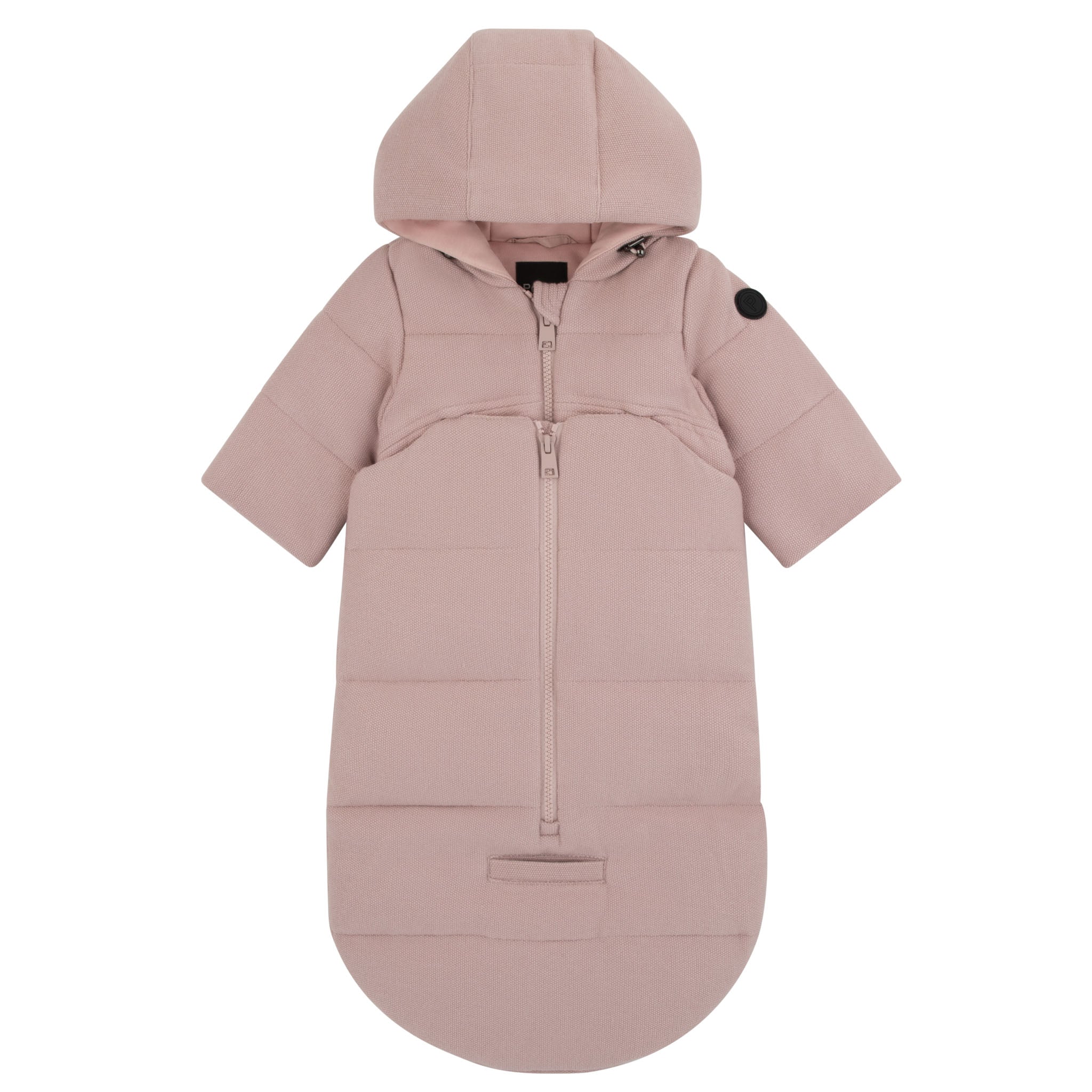 Pink baby bunting with a hood on a white background