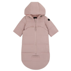 Pink baby bunting with a hood on a white background
