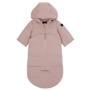 Pink baby bunting with a hood on a white background