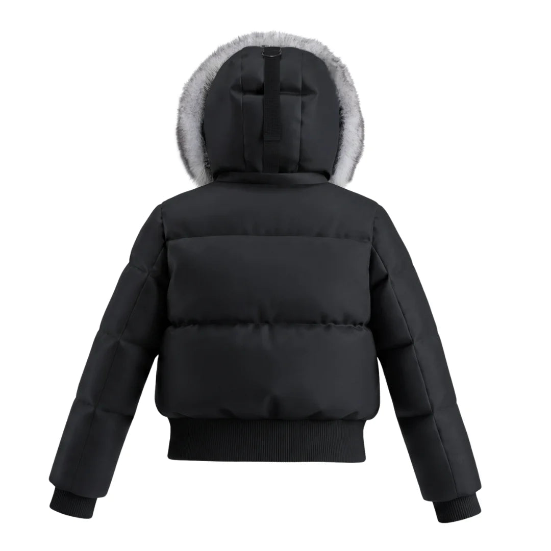 The clean back view of the Pramie winter bomber coat.