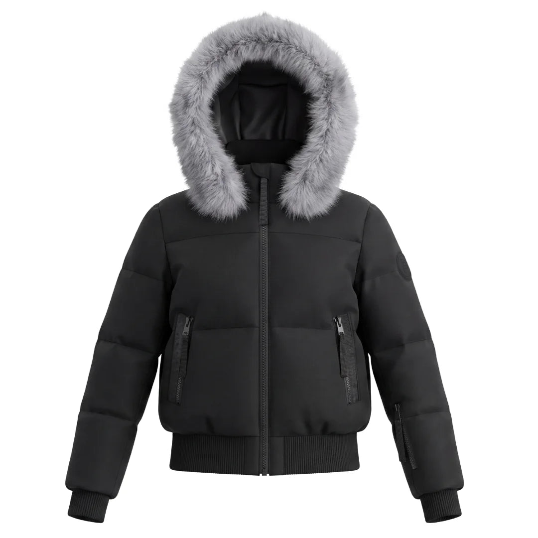 A front view of the Pramie silver fox bomber jacket for children.