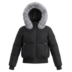 A front view of the Pramie silver fox bomber jacket for children.