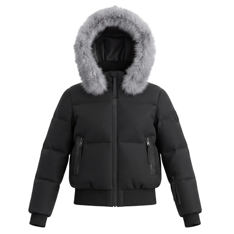 A front view of the Pramie silver fox bomber jacket for children.