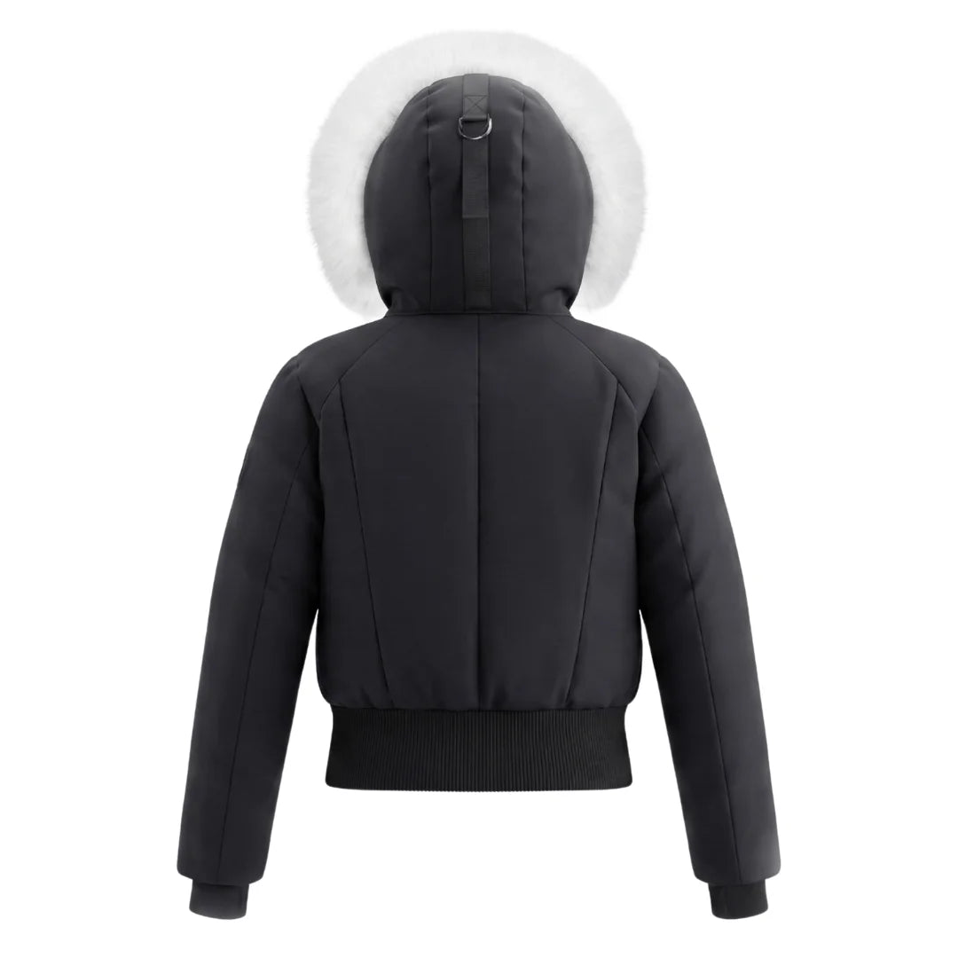 The clean back view of the Pramie winter bomber coat.