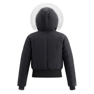 The clean back view of the Pramie winter bomber coat.