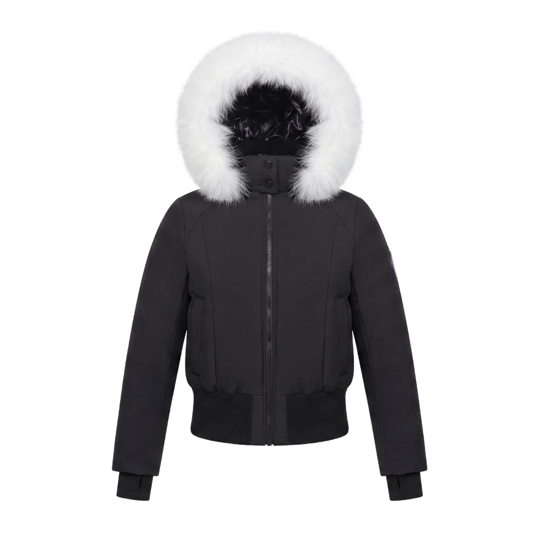A front view of the Pramie white fur bomber jacket for children.