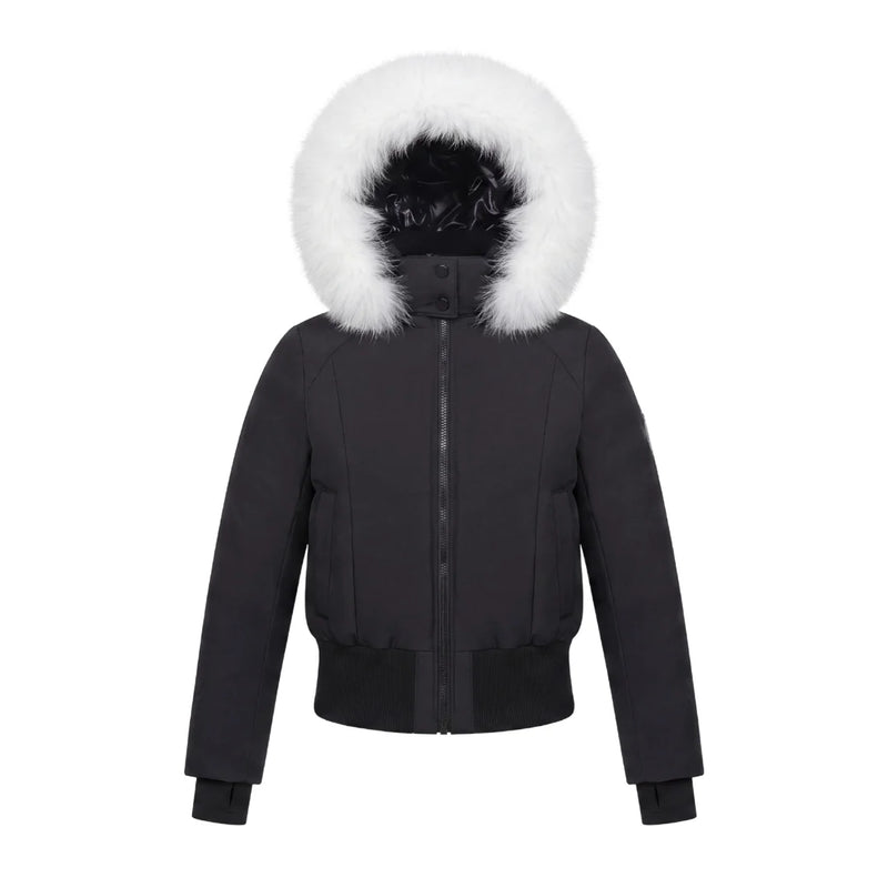 A front view of the Pramie white fur bomber jacket for children.