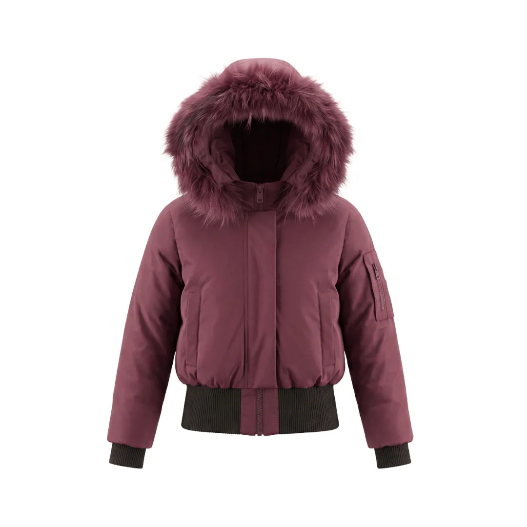 A front view of the Pramie burgundy bomber jacket for girls.