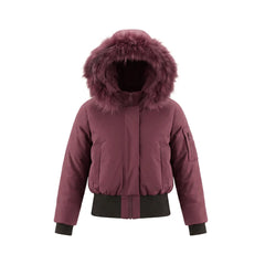 A front view of the Pramie burgundy bomber jacket for girls.