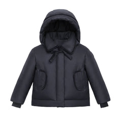 A front view of the Pramie black jacket with a tied bow for girls.