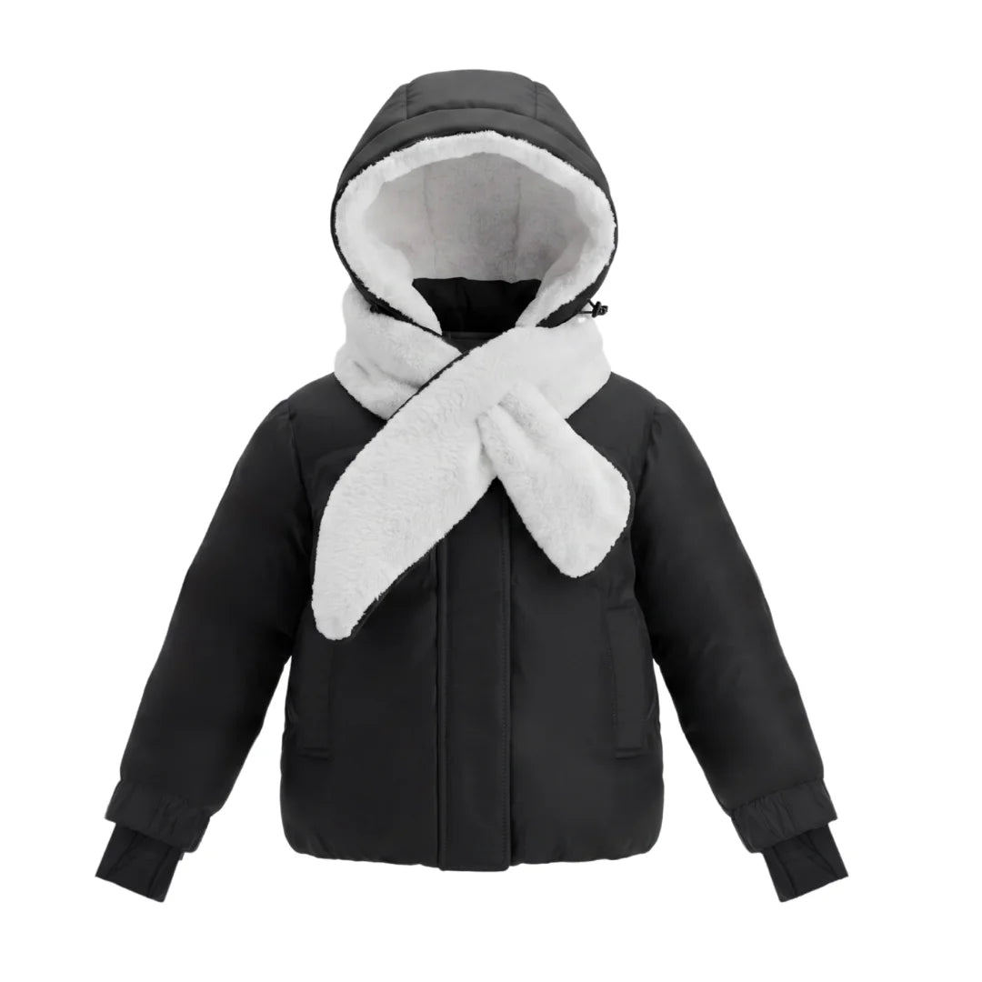 A front view of the Pramie black and ivory shawl jacket for girls.