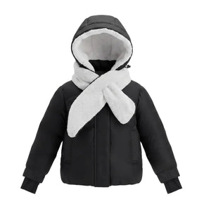 A front view of the Pramie black and ivory shawl jacket for girls.