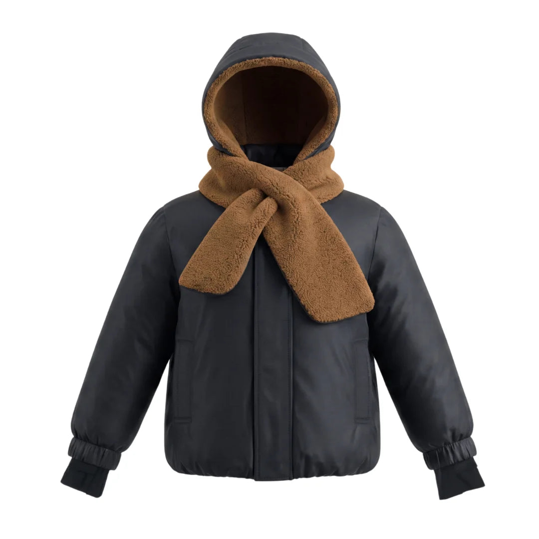 A front view of the Pramie tan and black shawl jacket for girls.