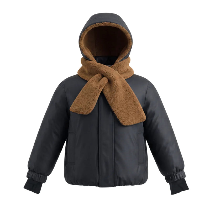 A front view of the Pramie tan and black shawl jacket for girls.