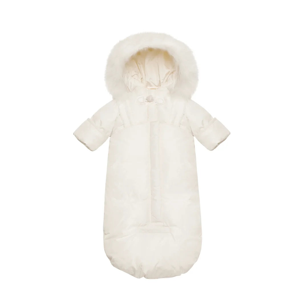 A front view of the Pramie ivory snow suit for girls.