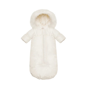 A front view of the Pramie ivory snow suit for girls.