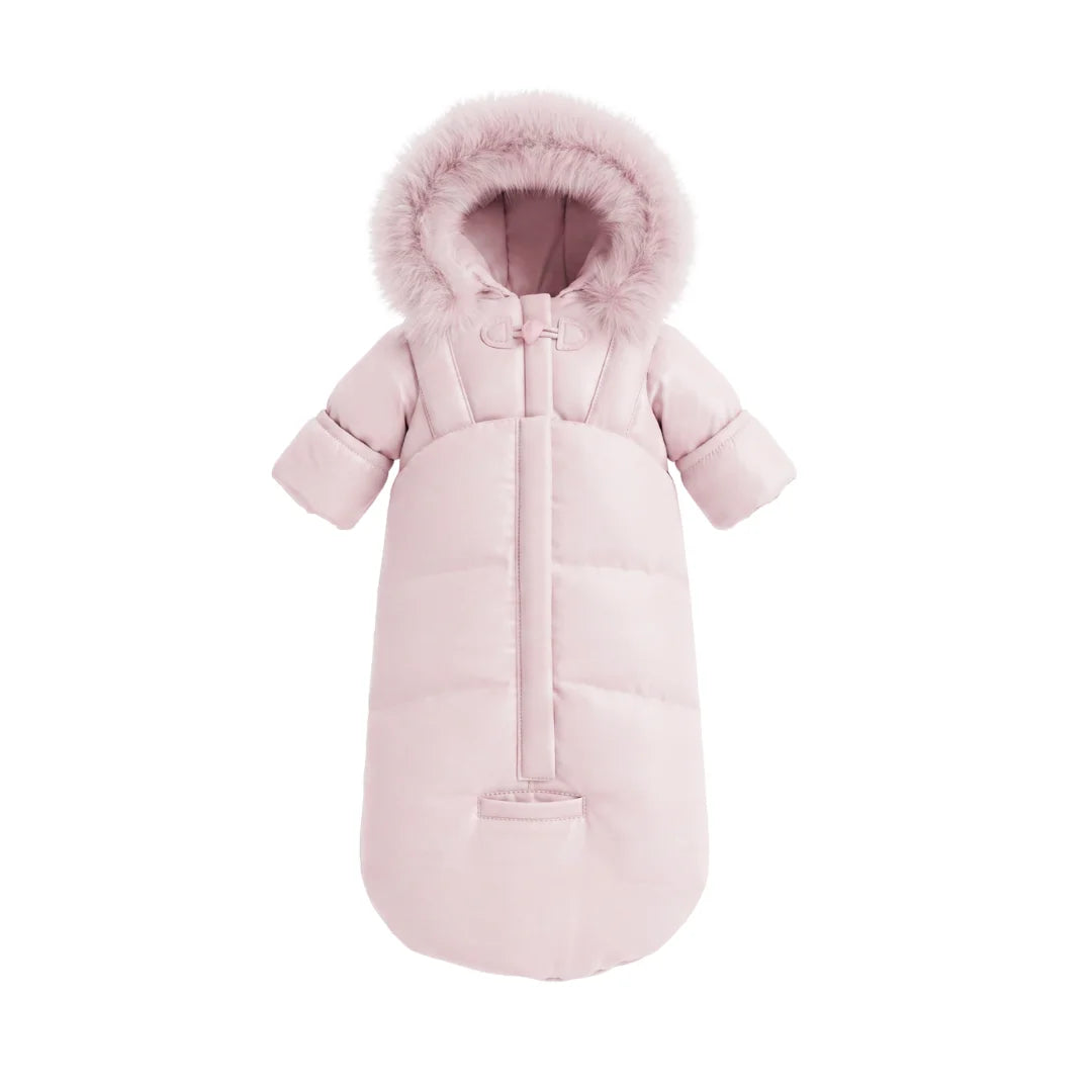 A front view of the Pramie mauve snow suit for girls.