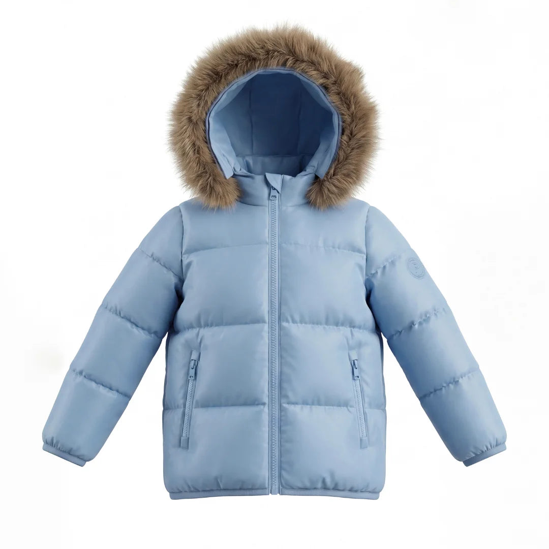 A front view of the Pramie blue contrast coat for boys.