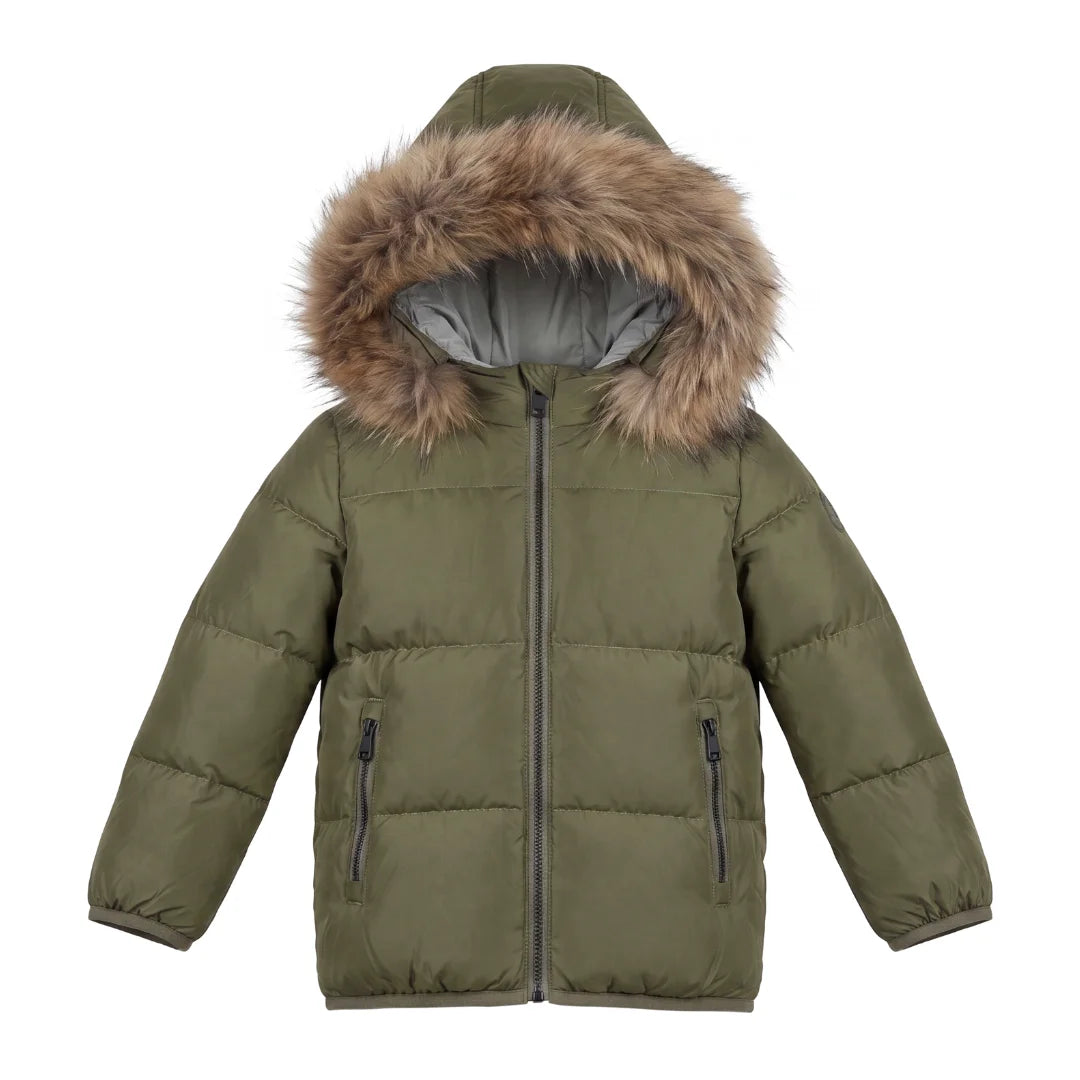 A front view of the Pramie green contrast coat for boys.