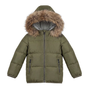 A front view of the Pramie green contrast coat for boys.